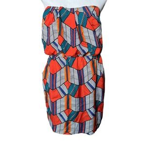 City Triangles Geometric Print Elastic Waist Blouson Strapless Dress w/Pockets M